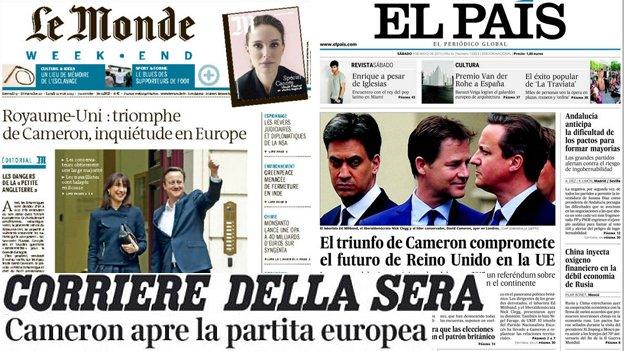 Composite picture of the front pages of the European newspapers Le Monde, El Pais and Corriere della Sera