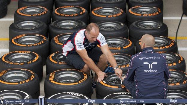 Pirelli tyres are ready to be loaded in to the garages