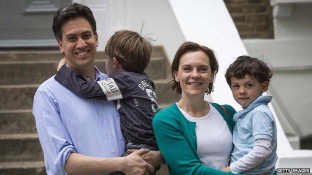 Ed and Justine Miliband with their sons Daniel and Samuel outside their London home