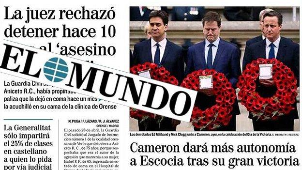 Composite picture of the front page of the Spanish newspaper EL Mundo