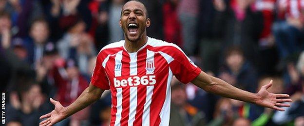 Stoke midfielder Steven Nzonzi celebrates scoring Tottenham