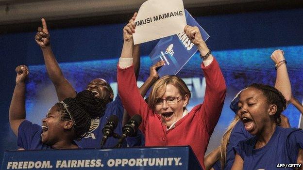 South Africa main opposition party Democratic Alliance outgoing leader Hellen Zille announces the victory of Mmusi Maimane at the end of the vote for her succession, on 10 May 2015 in Port Elizabeth,