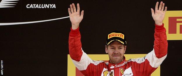 Sebastian Vettel celebrates his podium finish in The Spanish GP