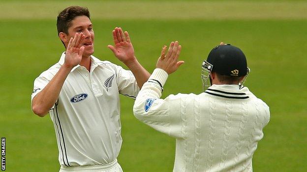 Ben Wheeler of New Zealand celebrates after dismissing Johann Myburg