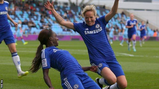 Eniola Aluko (l) celebrates her goal with Gemma Davison