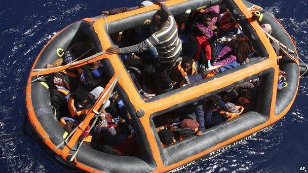 A float with rescued migrants during an operation on 8 May 2015 in the Mediterranean Sea, in a photo provided by the German Bundeswehr on 9 May 2015