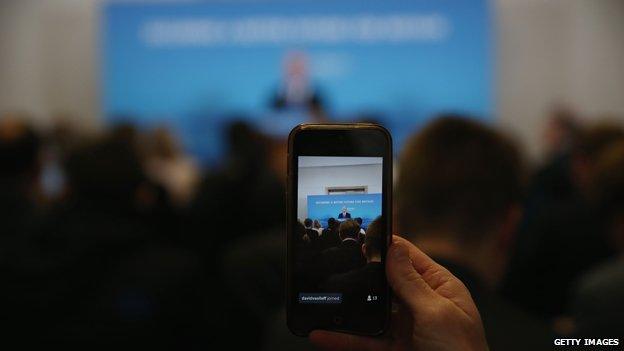 Reporter live tweets a press conference by Michael Fallon during the election campaign