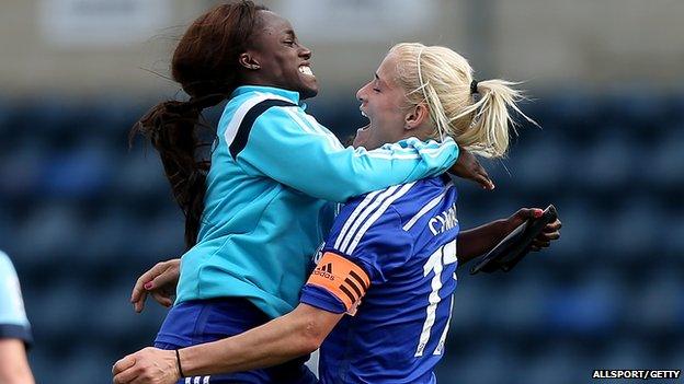 Katie Chapman and Eni Aluko celebrating a win