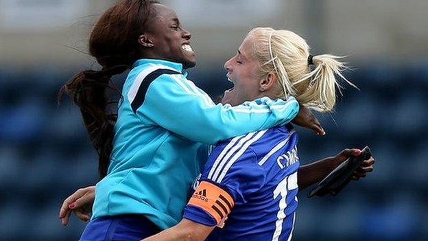 Katie Chapman and Eni Aluko celebrating a win