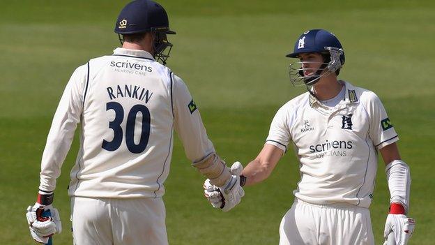 Boyd Rankin and Chris Wright celebrate their century partnership at Edgbaston