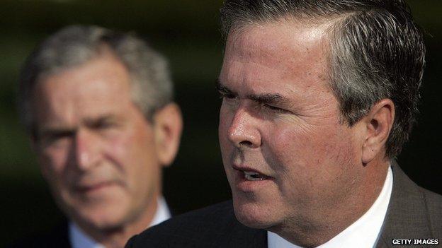 President George W Bush watches Jeb Bush speak