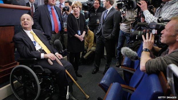 James Brady, shown in a wheelchair three years before his death in 2014