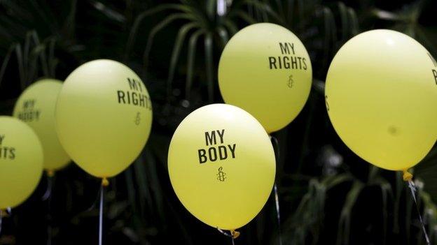 Balloons are pictured during a demonstration against anti-abortion laws at the congress in San Salvador on 22 April, 2015