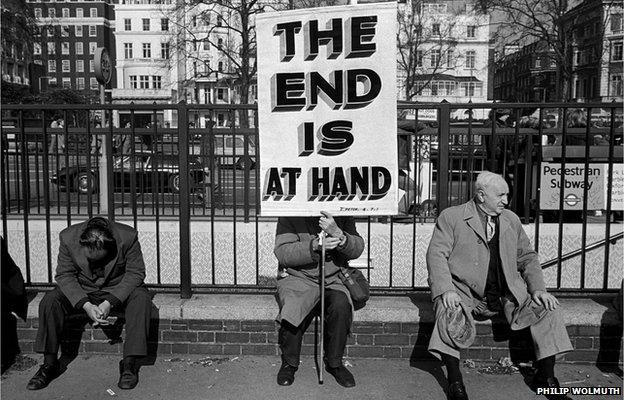 The End is At Hand. Evangelical Christian with a placard at Speakers Corner, Hyde Park, London, 1978