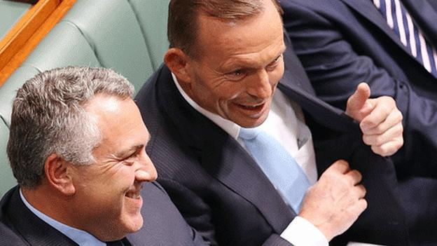 Prime Minister Tony Abbott (right) and Treasurer Joe Hockey during House of Representatives question time at Parliament House on February 9, 2015 in Canberra, Australia