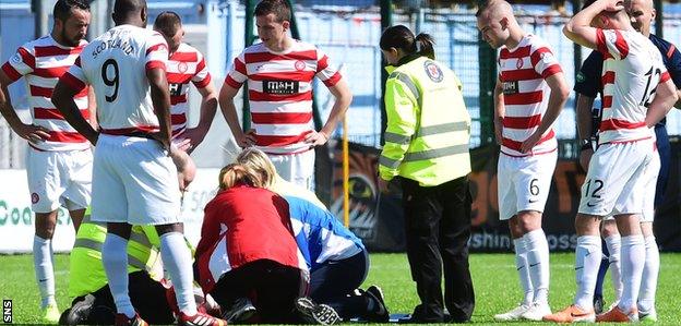 Michael Devlin receives treatment against Partick Thistle