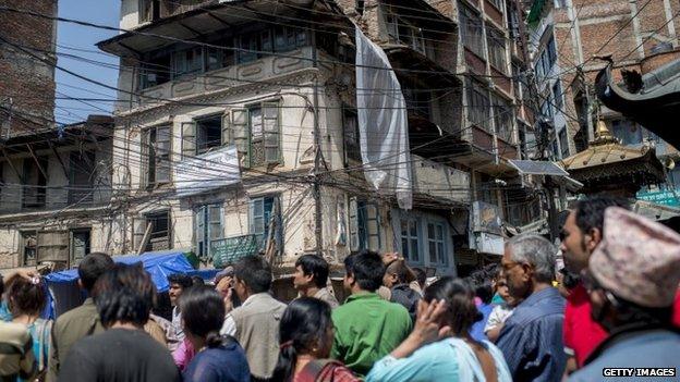 People gather in the safety of open space following a further major earthquake on May 12, 2015 in Kathmandu, Nepal.