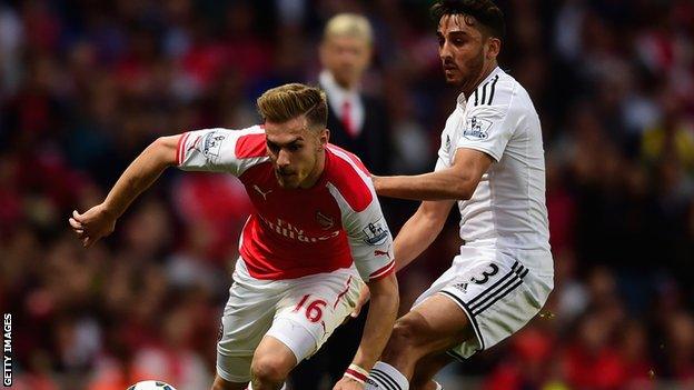 Arsenal's Aaron Ramsey takes on Wales team-mate Neil Taylor in Swansea's 1-0 win at the Emirates