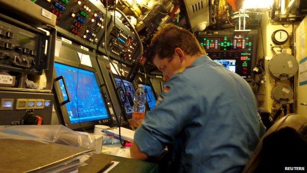 Personnel aboard the U33, a Germany 212 class submarine, prepare for Operation Dynamic Mongoose