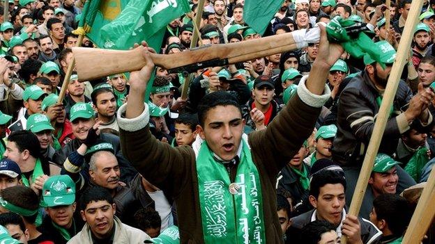 Hamas supporters celebrate victory in the 2006 Palestinian election