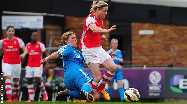 Kelly Smith is tackled by Sunderland's Abby Holmes