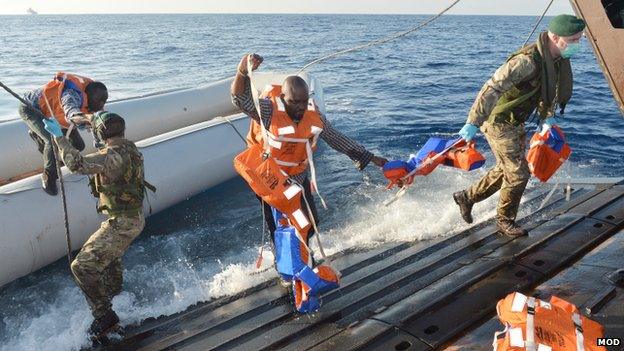 Migrants being taken to HMS Bulwark