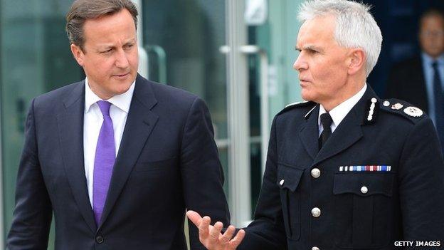 David Cameron and Chief Constable of Greater Manchester Police Sir Peter Fahy