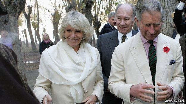 Camilla, Duchess of Cornwall, Prince Charles, Prince of Wales and SAS Prince Karim Aga Khan IV the hereditary Imam of the Shia Imami Ismaili Muslims, tour Nansoq Organic village on November 03, 2006 in Skardu, Pakistan.