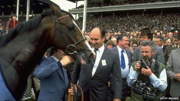 Shergar with Aga Khan (centre) after winning the Irish Derby at The Curragh racecourse near Newbridge, County Kildare, Ireland in 1980