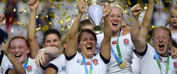 England captain Katy McLean lifts the trophy after the 2014 World Cup triumph