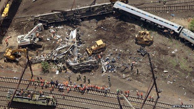 An overhead view of the derailed train car