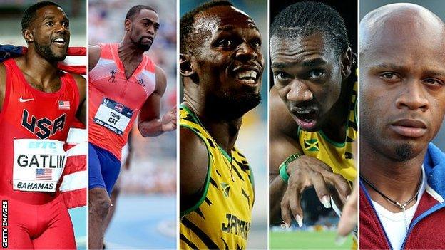 (left to right) Justin Gatlin, Tyson Gay, Usain Bolt, Yohan Blake, Asafa Powell