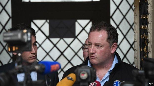 Thierry Lemetayer, son of a missing sailor of the sunken Bugaled Breizh ship, speaks outside the appeal court in Rennes on 13 May 2015