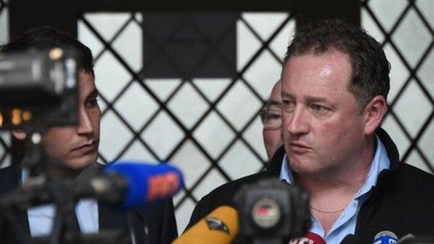 Thierry Lemetayer, son of a missing sailor of the sunken Bugaled Breizh ship, speaks outside the appeal court in Rennes on 13 May 2015