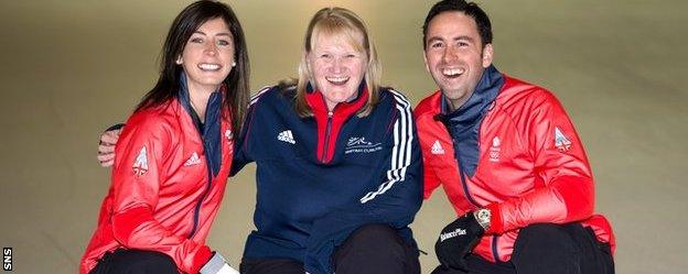 Rhona Howie with GB curling skips Eve Muirhead and David Murdoch