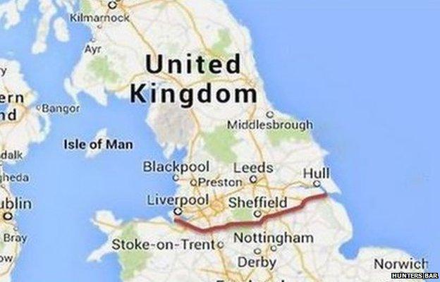 Map of the UK with a line drawn across it