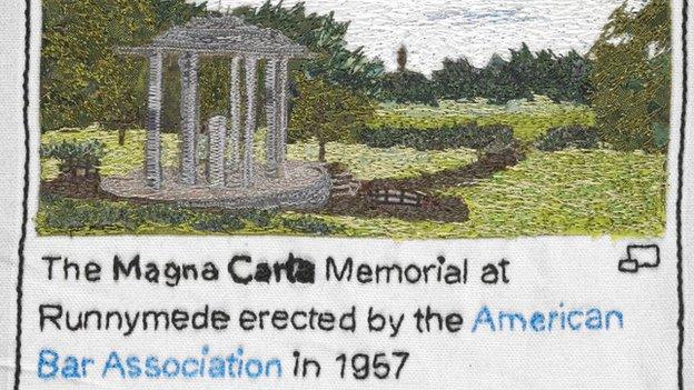 Magna Carta Memorial, stitched by Jill Hazell, Embroiderers’ Guild (South West Region)