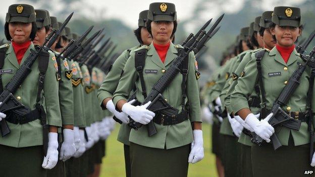 Female Indonesian soldiers stand in formation in Jakarta (file picture)