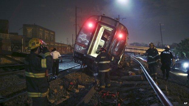 A derailed Amtrak train near in Philadelphia.