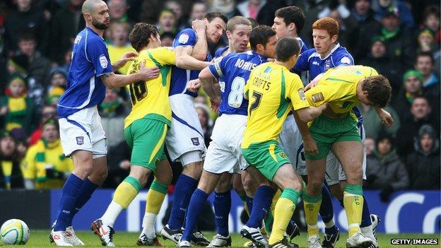 Ipswich and Norwich players tussle in 2010