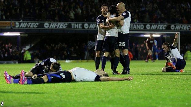 Southend celebrate their third goal of the night