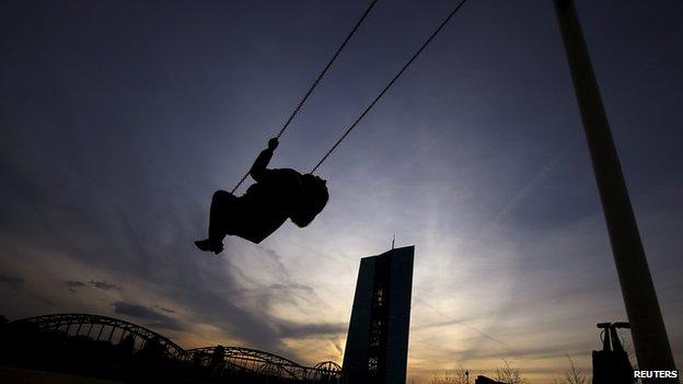 A women rides a swing in a recreation park next the new headquarter of the European Central Bank