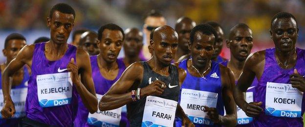 Mo Farah of Great Britain (centre) competes in the Men's 3000m