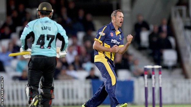 Glamorgan's Dean Cosker took 4-30 from his four overs including the wicket of Aneesh Kapil