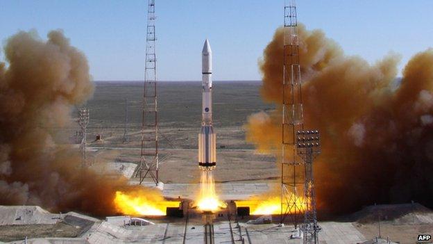 A Russian-built Proton rocket with a relay satellite blasts off from a launch pad in Kazakhstan (April 2014)