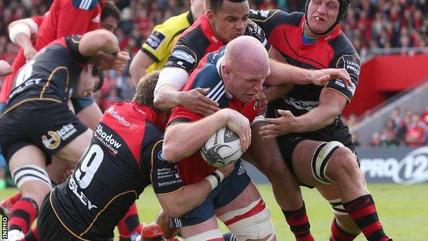 Ireland captain Paul O'Connell scores Munster's fifth try against the Dragons