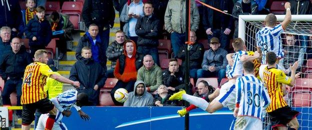 Tope Obadeyi scores for Kilmarnock against Partick Thistle