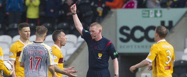 Motherwell striker Scott McDonald is sent off by