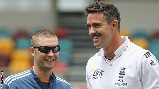 Michael Clarke (left) shares a joke with Kevin Pietersen