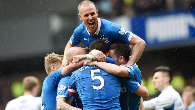 Rangers' Kenny Miller celebrates with goalscorer Lee Wallace (5)